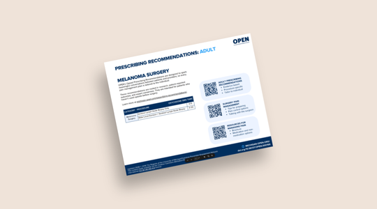 A tan background with an image of the Adult Melanoma Prescribing Recs.