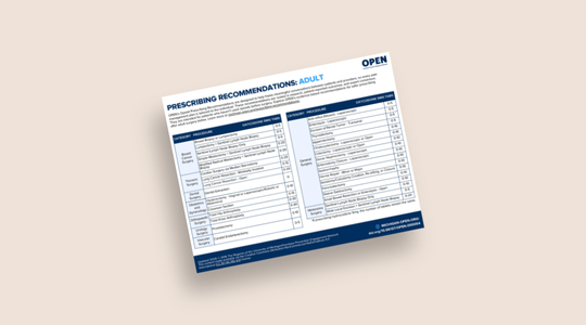 A tan background with an image of the Adult Comprehensive Opioid Prescribing Recommendations.