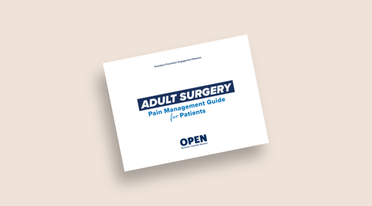 A tan background with an image of the Adult Surgery Pain Management Guide for Patients.