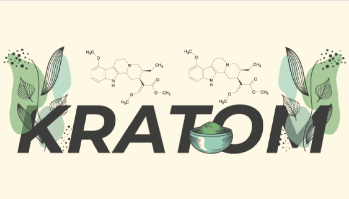 An image that says Kratom and shows graphics of kratom and its chemical structure.