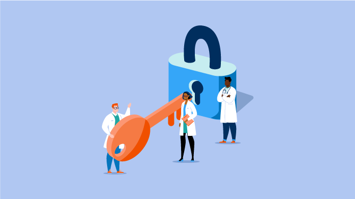 A 2d image of 3 doctors working together to put a key into a lock.