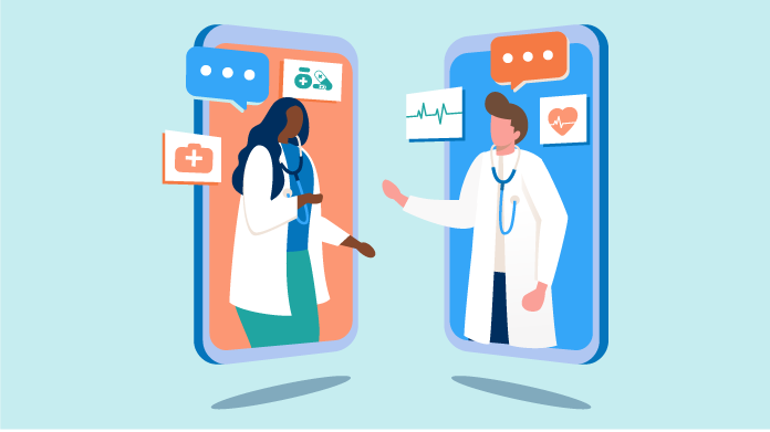 2d image of two doctors talking to each other over the phone.