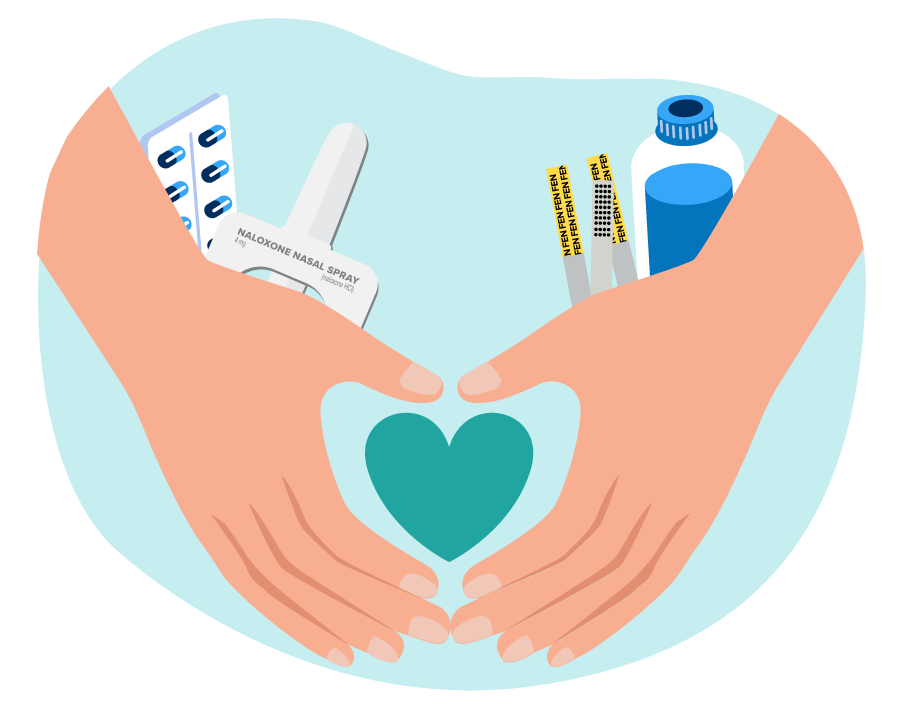 Hands holding a heart and various harm reduction medical supplies.