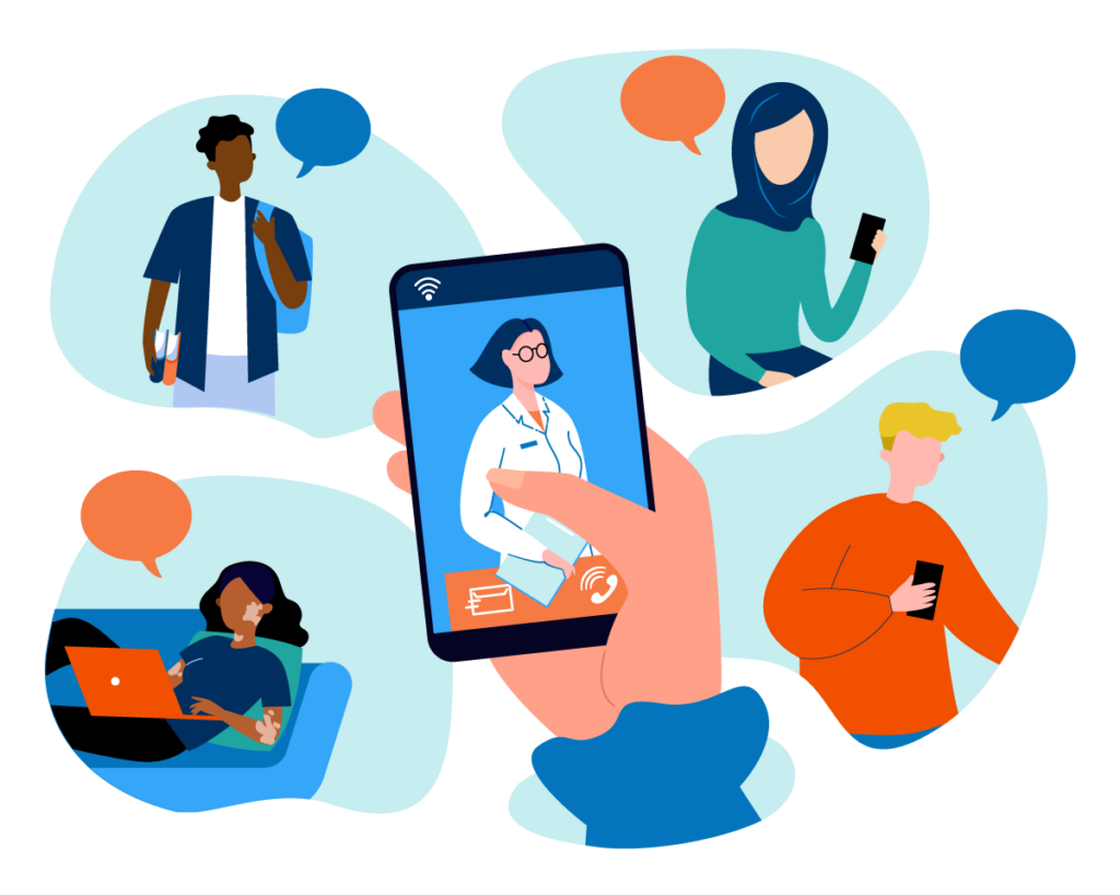 A graphic showing a group of youth talking on their phone and laptops and connecting with a doctor.