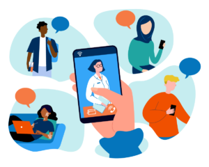 A graphic showing a group of youth talking on their phone and laptops and connecting with a doctor.