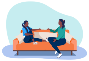 A graphic of a child and parent on a couch talking to each other.