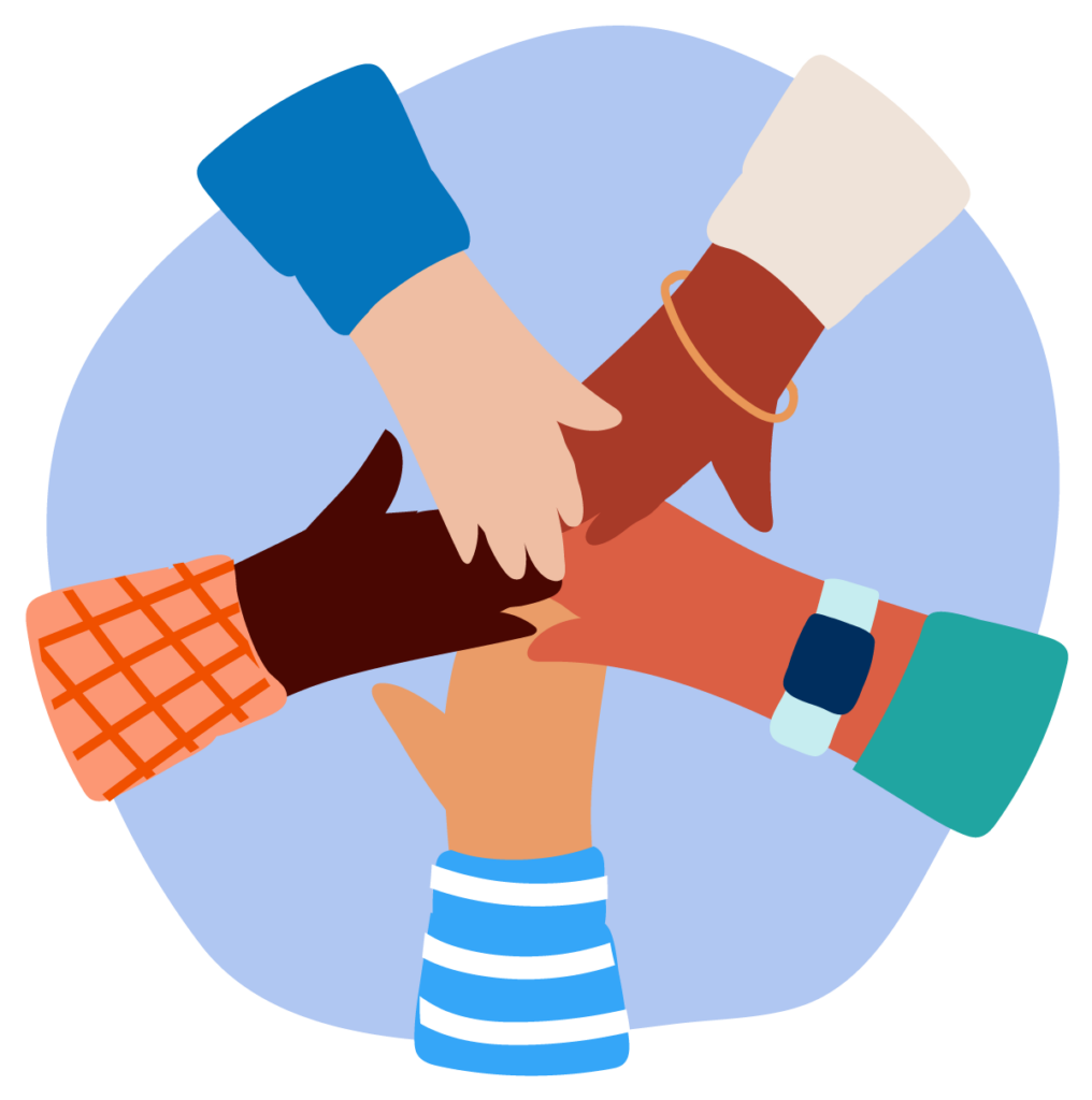 A graphic of 5 people with their hands on top of each other in a teamwork pose.