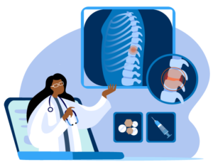 A graphic of a doctor looking at a patients x-ray of their spine to show where they are experiencing pain.