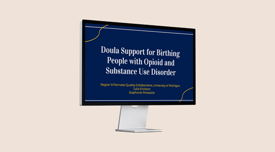 A tan background with a desktop with an image of the Doula Support for Birthing People with Opioid and Substance Use Disorder training module.